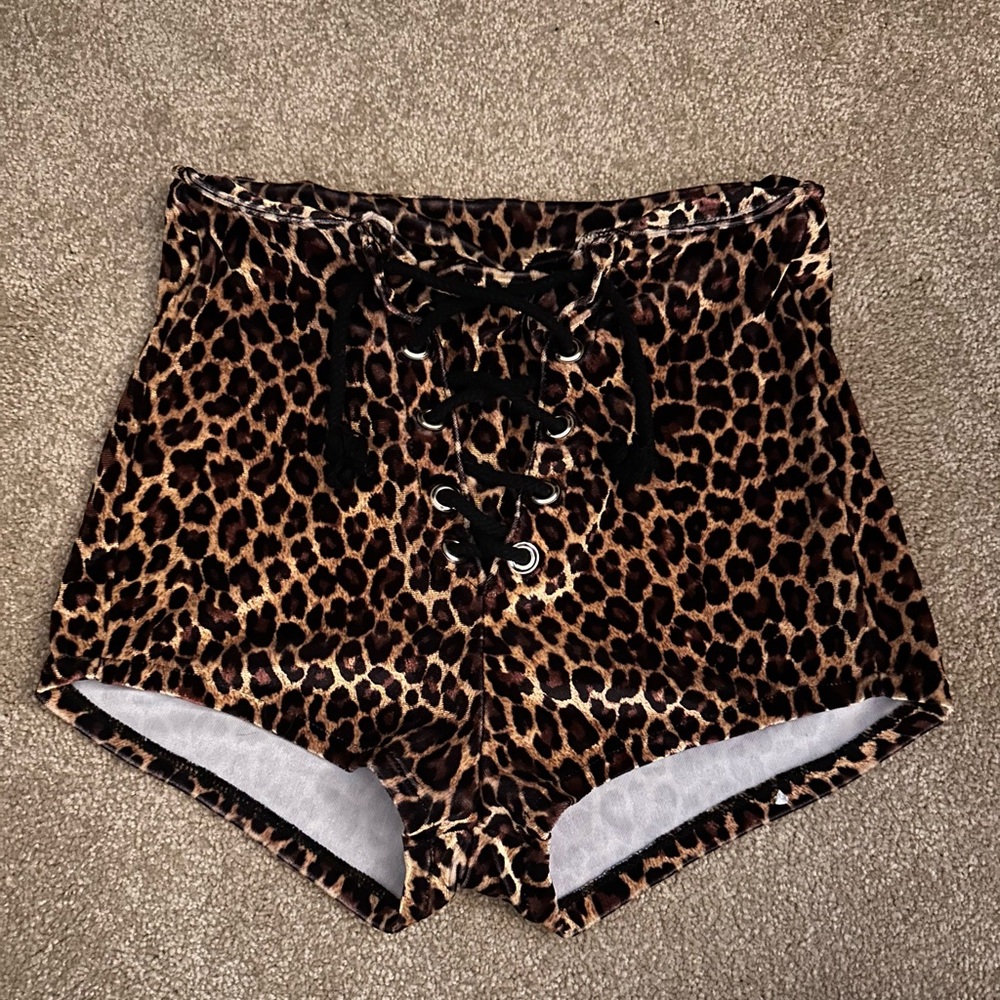 Velvet Lace Up Leopard Print Women's Shorts